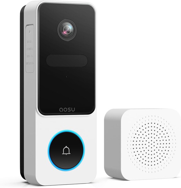 AOSU wireless doorbell camera system with a sleek black design, featuring the doorbell unit, a plug-in chime, and a 170-degree ultra-wide angle lens
