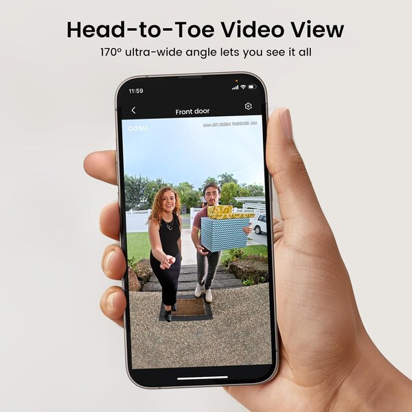 AOSU wireless doorbell camera system with a sleek black design, featuring the doorbell unit, a plug-in chime, and a 170-degree ultra-wide angle lens