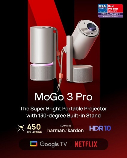 XGIMI MoGo 3 Pro portable projector on desk with built-in stand and Netflix interface