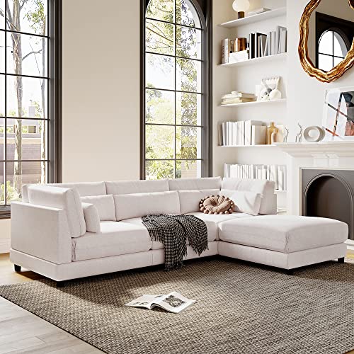 WILLIAMSPACE 110" Sectional Sofa for Living Room, L Shaped Sofa Couch with Ottoman, Upholstered Modular Sofa with Waist Pillows - Beige