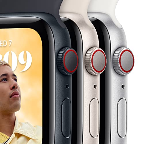 Front-angled view of the Apple Watch SE (2nd Gen) with a Starlight aluminum case and matching Starlight sport band