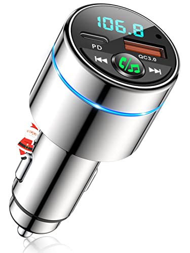 FM Transmitter for Car Bluetooth 5.3, RIWUSI [All-Metal] PD 20W & QC3.0 18W Fast Car Charger, Wireless FM Radio Car Kit Bluetooth Car Adapter, Noise Cancelling Hands-Free Call, Hi-Fi Music, Blue Light