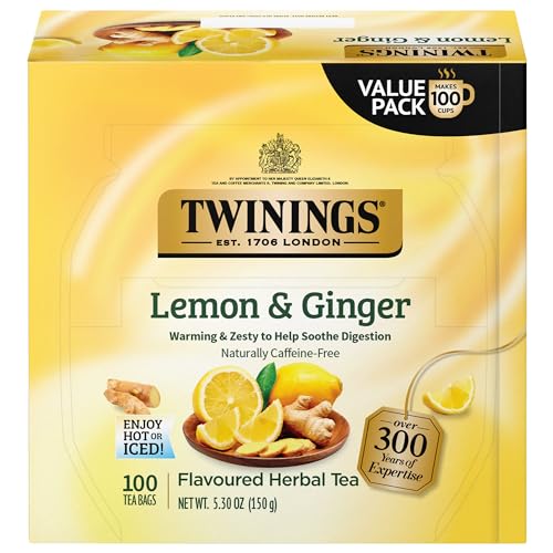 Twinings Lemon & Ginger Herbal Tea, 100 Individually Wrapped Tea Bags, Tangy Lemon, Spicy Ginger, Naturally Caffeine Free