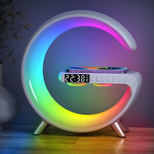Wireless charging lamp with colorful lights, speaker, and alarm cloc