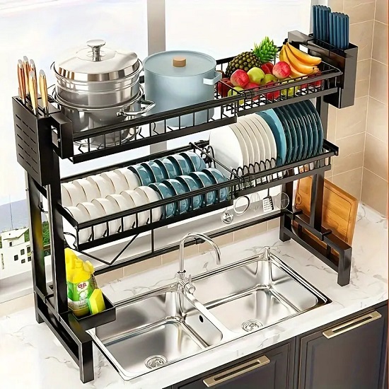 3-Layer Stainless Steel Dish Drying Rack above a sink, fully expanded with dishes and utensils.