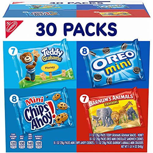 Nabisco Team Favorites Variety Pack, OREO Mini, CHIPS AHOY! Mini, Teddy Grahams Honey & Barnum's Animal Crackers, Christmas Cookies Stocking Stuffers, 30 Snack Packs
