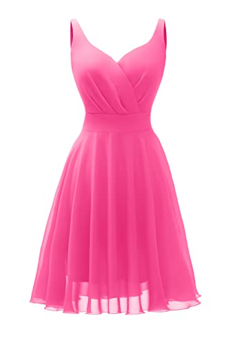 Dressever Summer Cocktail Dress V-Neck Adjustable Spaghetti Strap Chiffon Sundress with Pockets Fuchsia S
