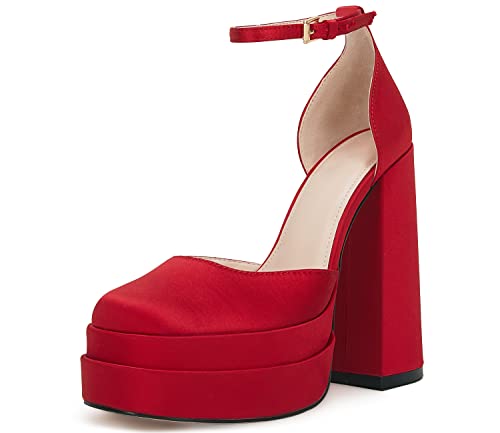 VETASTE Womens Platform Chunky High Block Heels Ankle Strap Party Wedding Dress Pumps Shoes Red