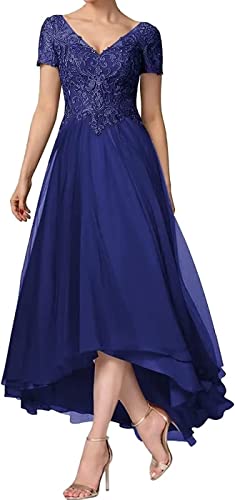 Short Sleeves Mother of The Bride Dresses for Women Lace Appliques V Neck High-Low Formal Wedding Party Prom Dress Royal Blue