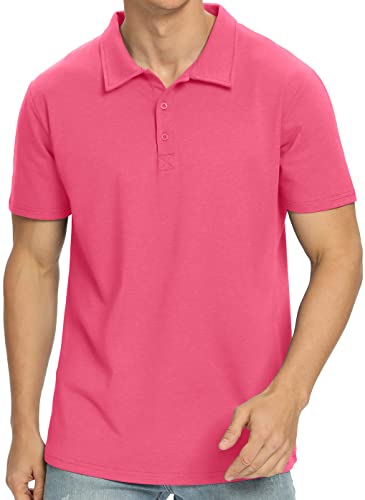 NITAGUT Mens Collared Casual Cotton Shirt Short Sleeve Dress Polo Shirts, Large, Hot Pink