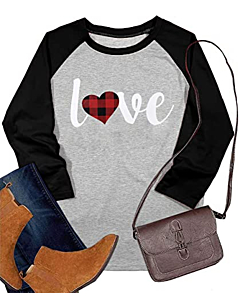 Red plaid raglan top, heart graphic, Valentine's Day style