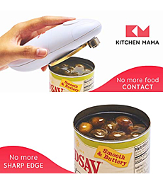 Kitchen Mama Auto Can Opener effortlessly opening a can, close-up.