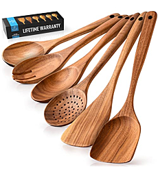 Zulay Kitchen 6 Piece Wooden Spoons for Cooking - Smooth Finish Teak Wooden Utensils for Cooking - Soft Comfortable Grip Wood Spoons for Cooking - Non-Stick Wooden Cooking Utensils - Wooden Spoon Sets