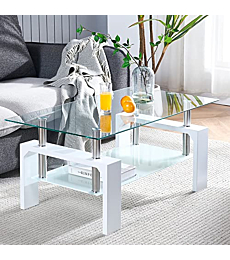 Living Room Rectangle Coffee Table, Tea Table Suitable for Waiting Room, Modern Side Coffee Table with Wooden Leg, Glass Tabletop with Lower Shelf, White