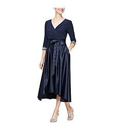 Alex Evenings Women's Satin Ballgown Dress with Pockets (Petite and Regular Sizes), Navy Beaded, 4