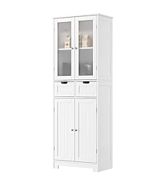 HORSTORS Tall Storage Cabinet, Freestanding Kitchen Pantry Cabinet with Glass Doors and Shelves, Large Modern Cupboard with 2 Drawers for Home Office, White, 23.6" L x 11.8" D x 66.9" H