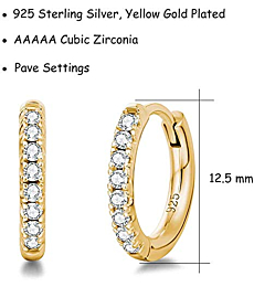 FANCIME Yellow Gold Plated Sterling Silver Round Cut Clear CZ Cubic Zirconia Small Hinged Cartilage Hoop Earrings Dainty Huggie Tiny Loops For Women Girls, 13mm