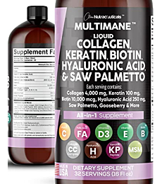 Liquid Collagen 4000mg Biotin 10000mcg Keratin 100mg Saw Palmetto Hyaluronic Acid 100mg - Hair Skin and Nails Vitamins and DHT Blocker with Vitamin D3 MSM 50mg Made in USA - 16 Fl. Oz