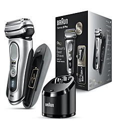 Braun Electric Razor for Men, Waterproof Foil Shaver, Series 9 Pro 9477cc, Wet & Dry Shave, with Portable Charging Case, ProLift Beard Trimmer, 5-in-1 Cleaning & Charging SmartCare Center, Silver