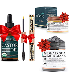 Live Fraiche Holiday Gift Bundle - USDA Organic Castor oil for Eyelashes and Eyebrows - Hydrating Dead Sea Mud Face Mask - 24k Gold Exfoliator Facial Peel and Brightener