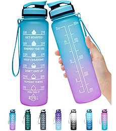 Elvira 32oz Large Water Bottle with Motivational Time Marker & Removable Strainer,Fast Flow BPA Free Non-Toxic for Fitness, Gym and Outdoor Sports-Green/Purple Gradient