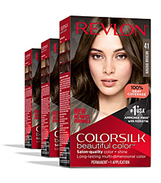 Permanent Hair Color by Revlon, Permanent Hair Dye, Colorsilk with 100% Gray Coverage, Ammonia-Free, Keratin and Amino Acids, 041 Medium Brown, (Pack of 3)