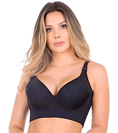 rosyclo Women Deep Cup Bra Full Back Incorporated Coverage Hide Back Fat Bra with Shapewear Plus Size Push Up Sports Bra Black