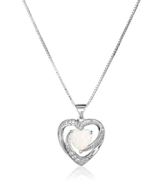 Amazon Collection Sterling Silver Created Opal and White Sapphire Open Heart Pendant Necklace, 18"