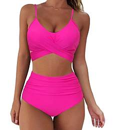 SUUKSESS Women Wrap Bikini Set Push Up High Waisted 2 Piece Swimsuits (L, Hot Pink)