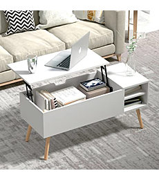 Clikuutory Modern White Lift Top Coffee Table with Hidden Compartment and Adjustable Storage Shelf, Mid Century Rustic Dining Table with Wood Legs for Home, Living Room, Office