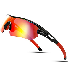 COMAXSUN Polarized Sports Sunglasses with 5 Interchangeable Lenses for Men Women Cycling Running Baseball Glasses (Black Red)
