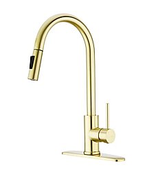 WENKEN Kitchen Faucet, Brushed Gold Kitchen Faucet, 360 Degree Swivel High Arc Pre-Rinse Brass Kitchen Faucet with Deck Plate, Kitchen Faucet with Pull Down Sprayer