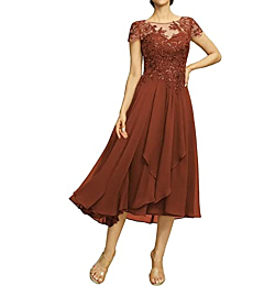 Women's Lace Applique Short Mother of The Bride Dress for Wedding Cap Sleeve Groom Grandmother Formal Party Dress Rust