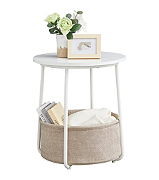 VASAGLE Small Round Side End Table, Modern Nightstand with Fabric Basket, White + Beige