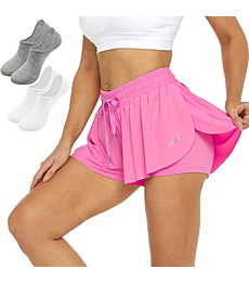 BONOTIE Flowy Shorts for Women with Socks 2 Pairs, 2-in-1 Womens Athletic Shorts, Womens Running Shorts, Tennis Shorts Rose Red