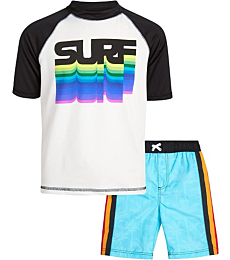 iXtreme Boys' Rash Guard Set - 2 Piece UPF 50+ Quick Dry Swim Shirt and Bathing Suit (12M-18), Size 12 Months, Aqua Rainbow Surf