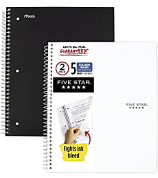 Five Star Spiral Notebooks, 5 Subject, College Ruled Paper, 200 Sheets, 11" x 8-1/2", Black & White, 2 Pack (73035)