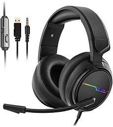 Jeecoo Xiberia Stereo Gaming Headset for PS4 PS5 Xbox One S- Over Ear Headphones with Noise Cancelling Microphone - LED Light Soft Earmuffs for PC Laptops Mobiles