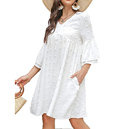 LYHNMW Women's Dresses Bell Sleeve Flowy Dress Swiss Dot Cute V Neck Mini Dress Loose