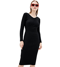 DASTI Bodycon Midi Dress for Women Knit Longsleeve Ribbed Vest Sweater Vestidos De Moda Reviewmoda (Black Long Sleeve)