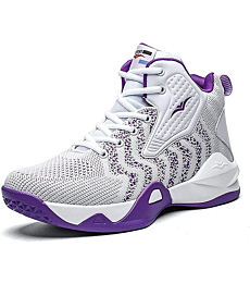 WELRUNG Women's Men's High Top Lightweight Fly-Weaving Running Jogging Sneakers Basketball Shoes for Youth Size Size 9.5/8 White Purple