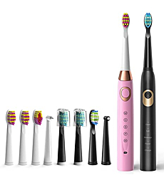 Electric Toothbrush 2 Pack , 10 Brush Heads, Travel Rechargeable Sonic Electric Toothbrush Last for 30 Days , 2 Minute Timer , Ultrasonic Electric Toothbrushes for Adults and Kids Black and Pink Dnsly