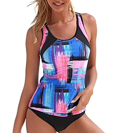 Aleumdr Womens Striped Print Color Block Tankini Sets Racerback Two Piece Tankini Swimwear Bathing Suits Pink Large 12 14