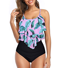 HIFUAR Swimsuits for Women Two Piece Bathing Suits Ruffled Flounce Tankini Top with High Waisted Bottom Bikini Set Small Pink Leaves