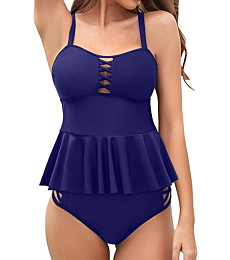 Holipick Navy Blue Women Tankini Swimsuits Tummy Control Two Piece Bathing Suits Ruffle Peplum Tankini Tops High Waisted Swimwear S