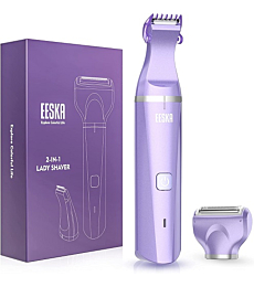 EESKA Bikini Trimmer for Women, 2-in-1 Rechargeable Womens Electric Shaver Pubic Hair Trimmer for Legs Arm and Bikini Hair, Painless Hair Removal Groomer Kit, IPX7 Waterproof Wet and Dry Use (Purple)