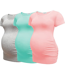 Bearsland Womens Maternity Tshirt 3 Packs Classic Side Ruched Tee Top Mama Pregnancy Clothes,Pink+mintgreen+LtGray,s