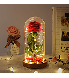 Valentine's Day Gifts, Beauty and The Beast Rose, Dome Glass and Red Silk Rose, LED Light, Unique Gift Decoration, Gifts for Women, Suitable for Decoration in Bedroom, Dining Table and Bar