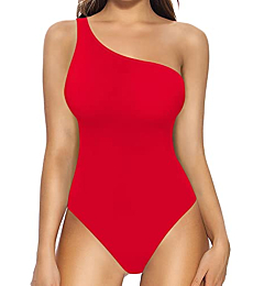 MANGOPOP Women's One Shoulder Off Sleeveless/Long Sleeve Tank Top Bodysuit Jumpsuits (Sleeveless Red, Small)