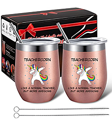2 Pieces Teachercorn Unicorn Coffee Mugs Christmas Gifts for Teachers, Funny Teacher Appreciation Gifts for Thank You End of The Year, 12 oz Stainless Steel Wine Tumbles (Rose Gold)